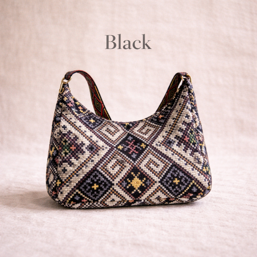 black ethnic pattern shoulder bag
