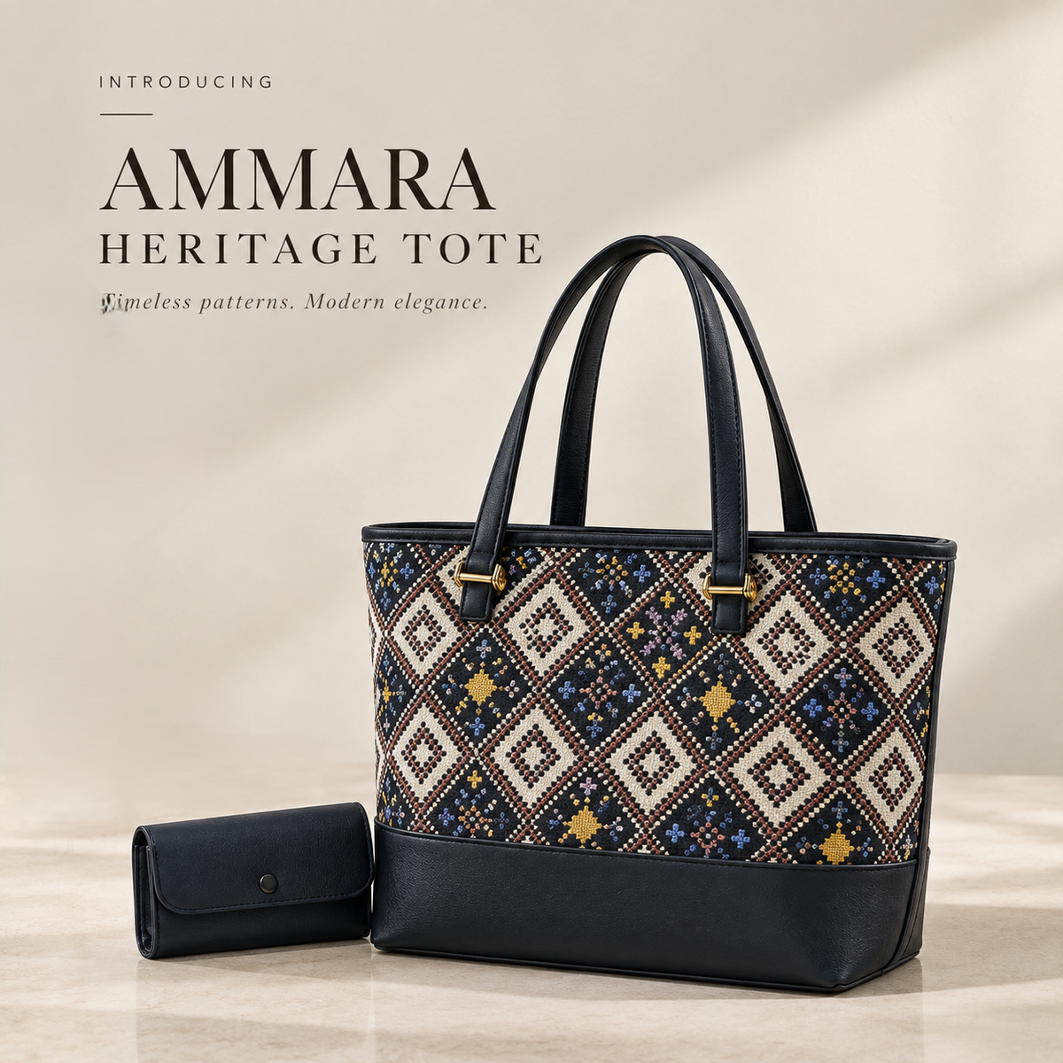 Navy blue traditional printed tote bag