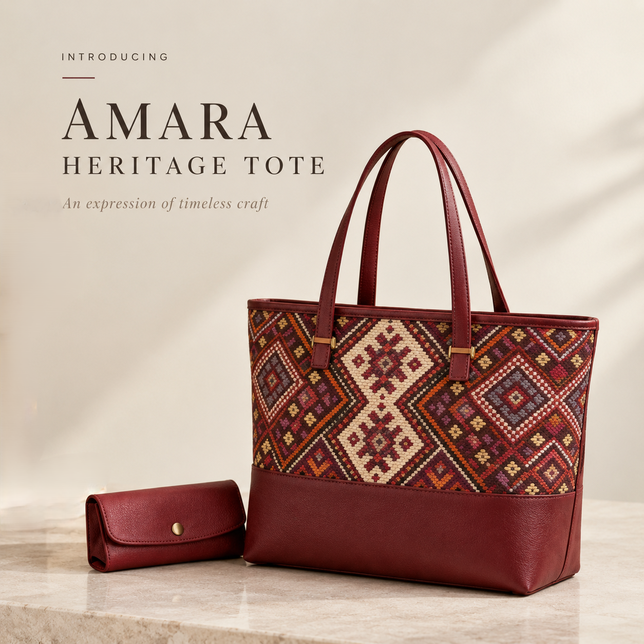 Maroon traditional motif handbag for women.