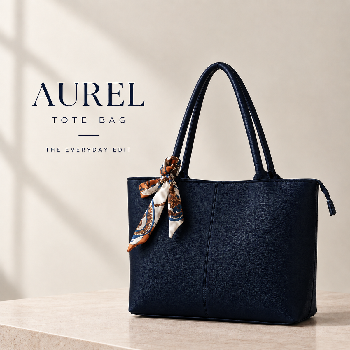 Navy blue ladies shoulder tote bag with decorative scarf