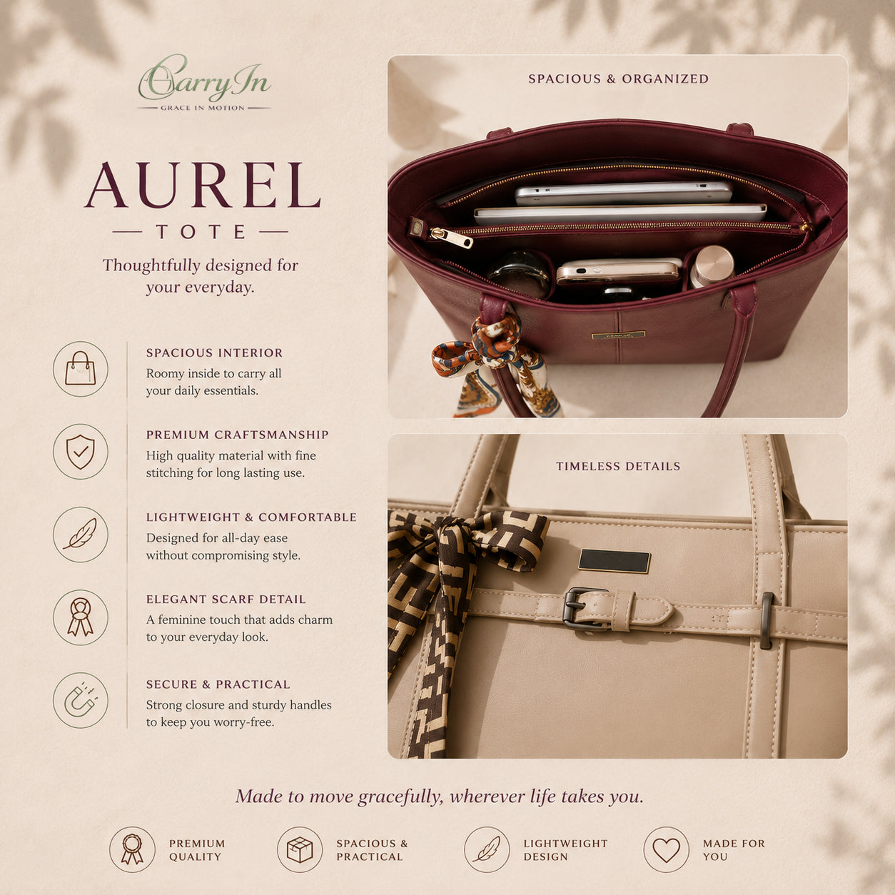 Spacious burgundy tote bag