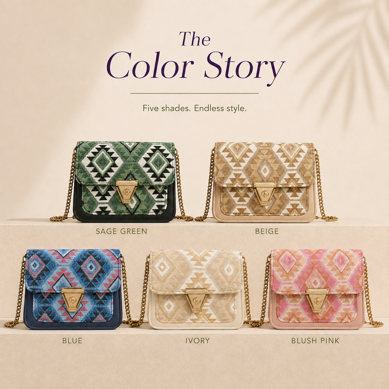woven handbag with geometric fabric pattern