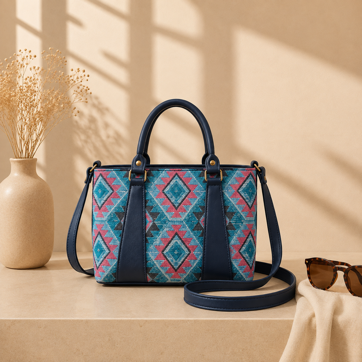 A structured navy blue handbag 