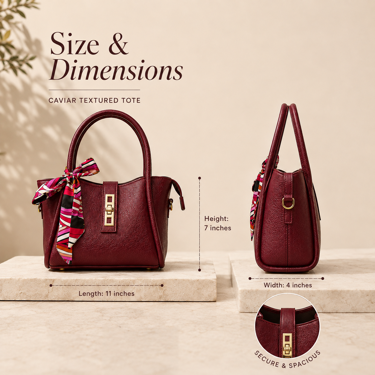 Textured tote bag with decorative scarf