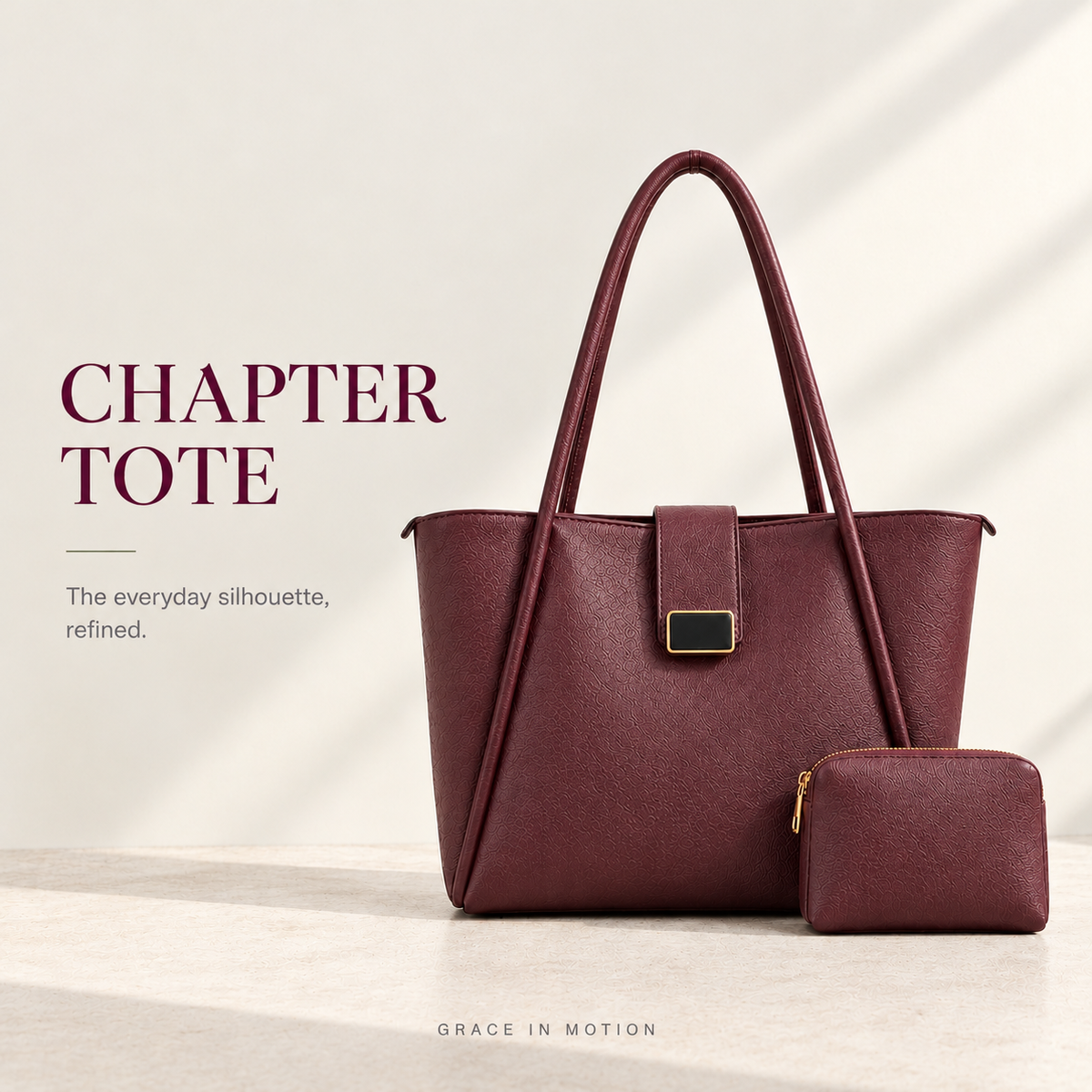 Burgundy maroon Chapter Tote bag with matching pouch   
