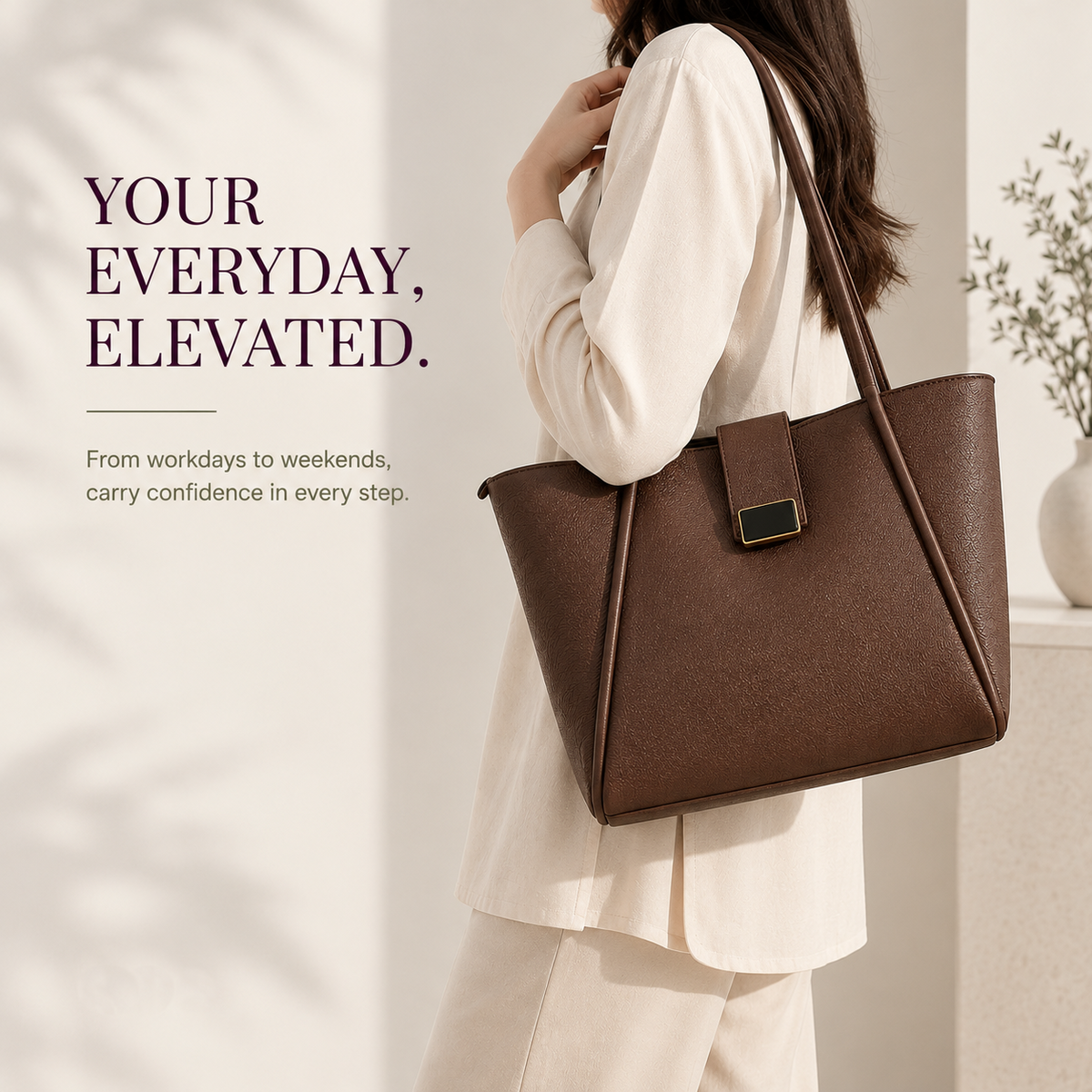 Woman wearing brown Chapter Tote shoulder bag for work and daily use   