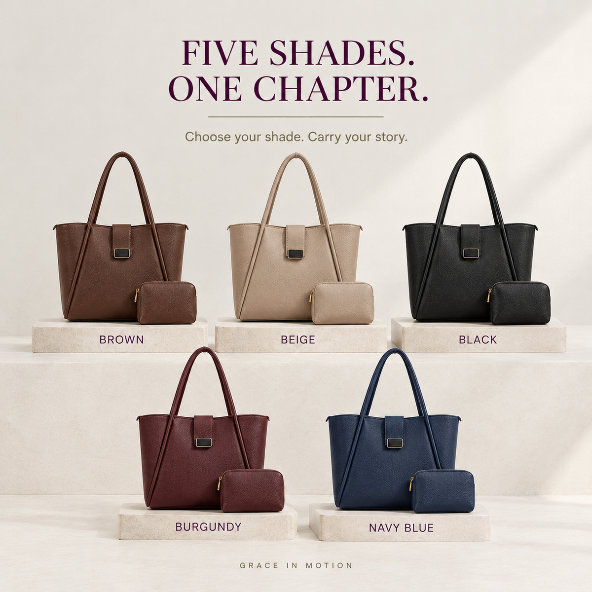 Chapter Tote bag collection in brown, beige, black, burgundy, and navy blue   