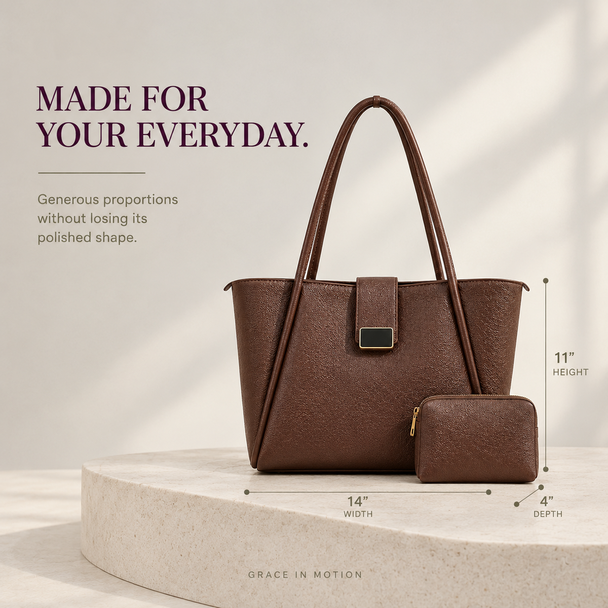 Large brown Chapter Tote bag dimensions 14x11 inches for university and office   