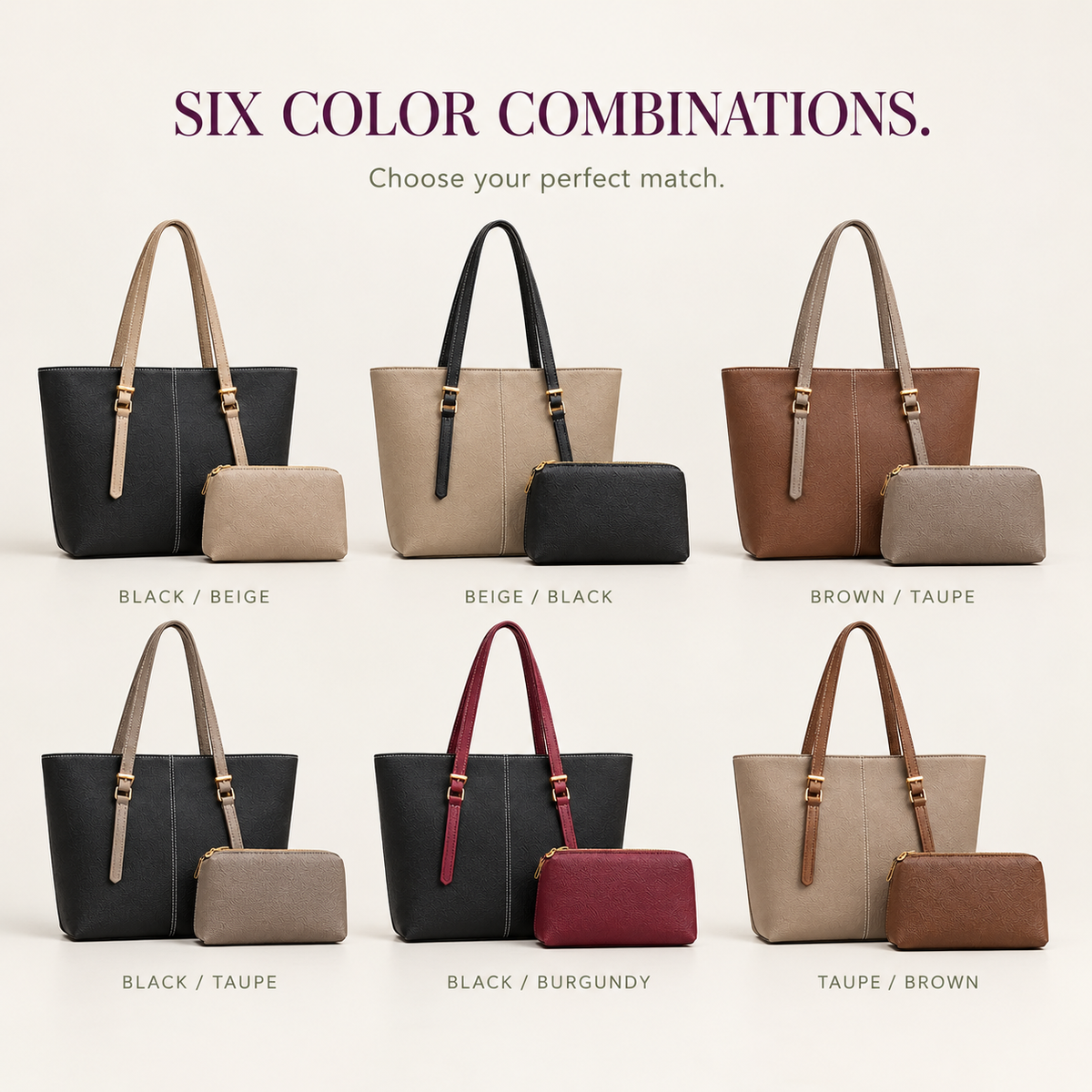 Six color combinations of tote and pouch