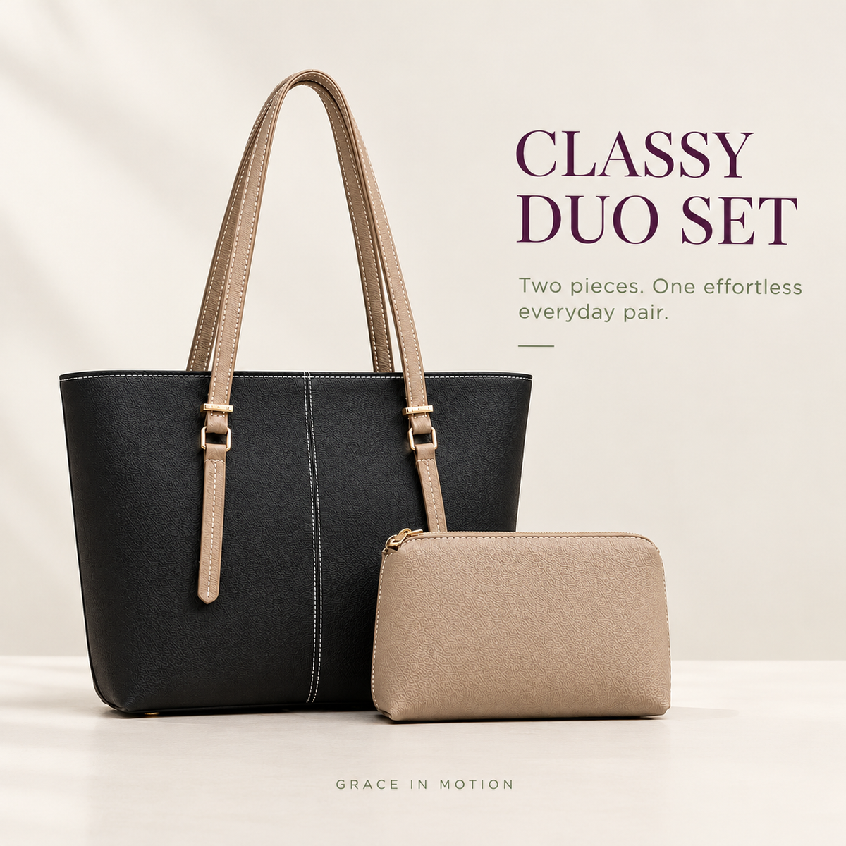 Black beige tote bag with matching pouch