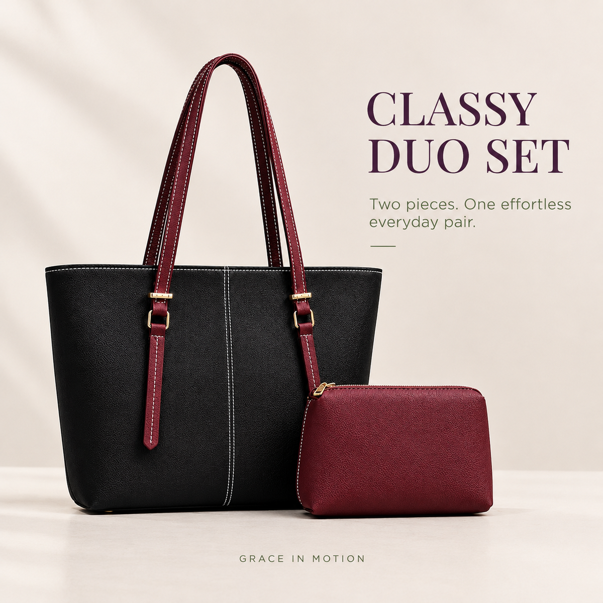 Black tote with burgundy straps