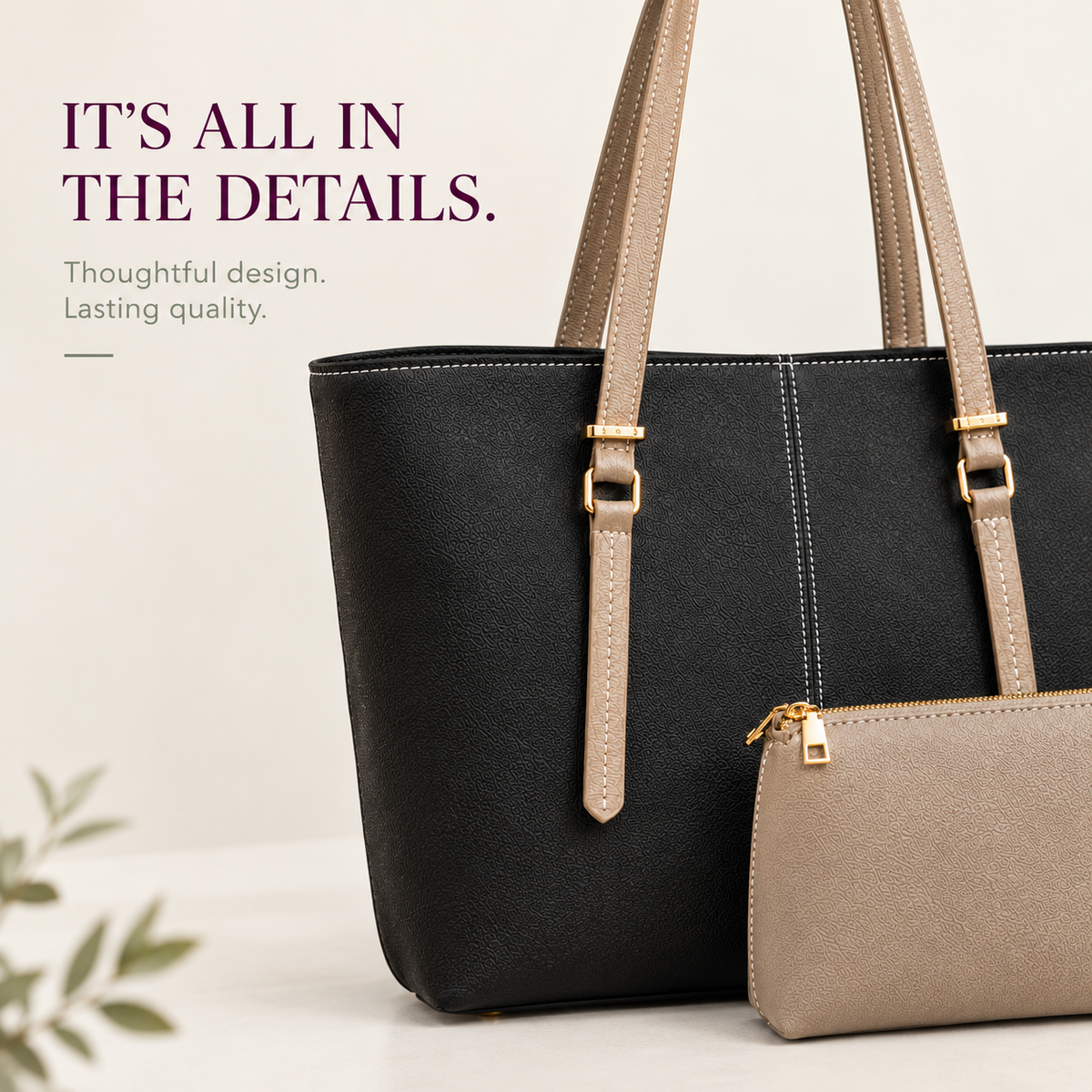 Black tote with beige straps and pouch