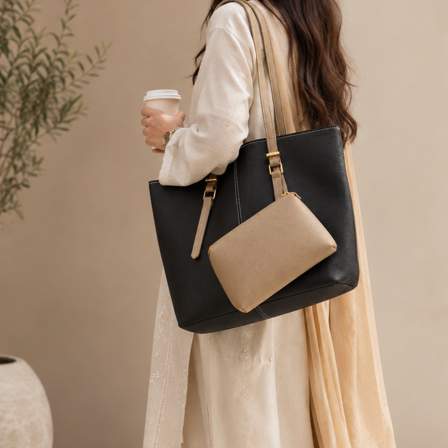 Beige tote bag with black straps