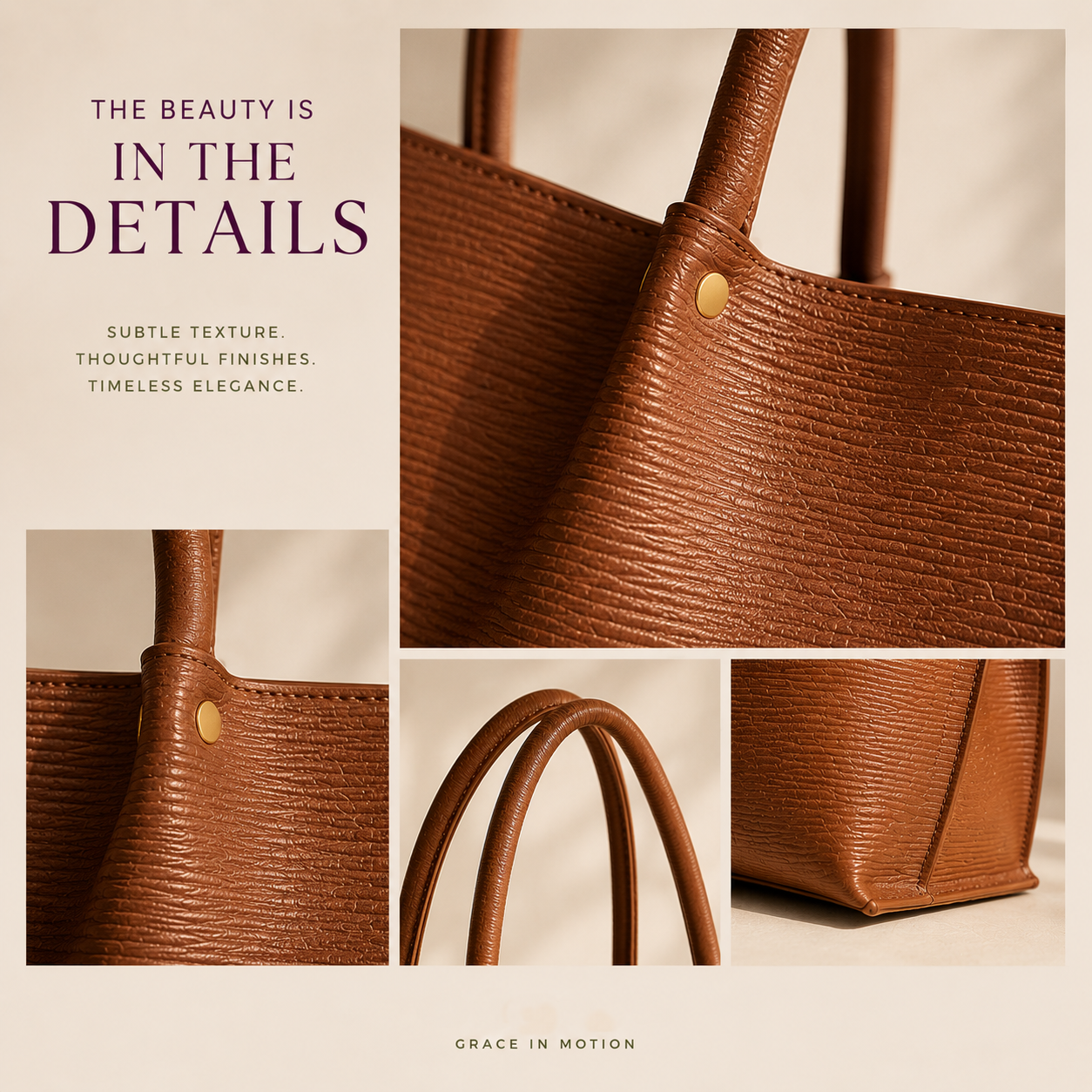 brown tote textured finish detail