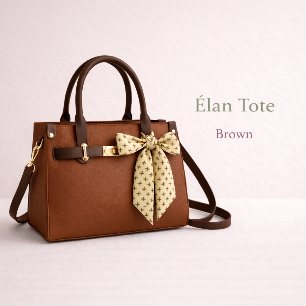 Brown top handle tote with scarf detail
