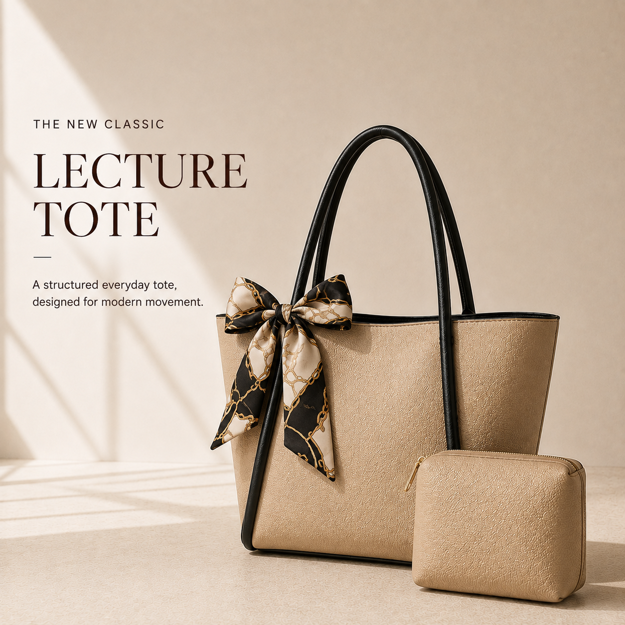 Women's professional shoulder tote bag with patterned scarf bow and matching pouch