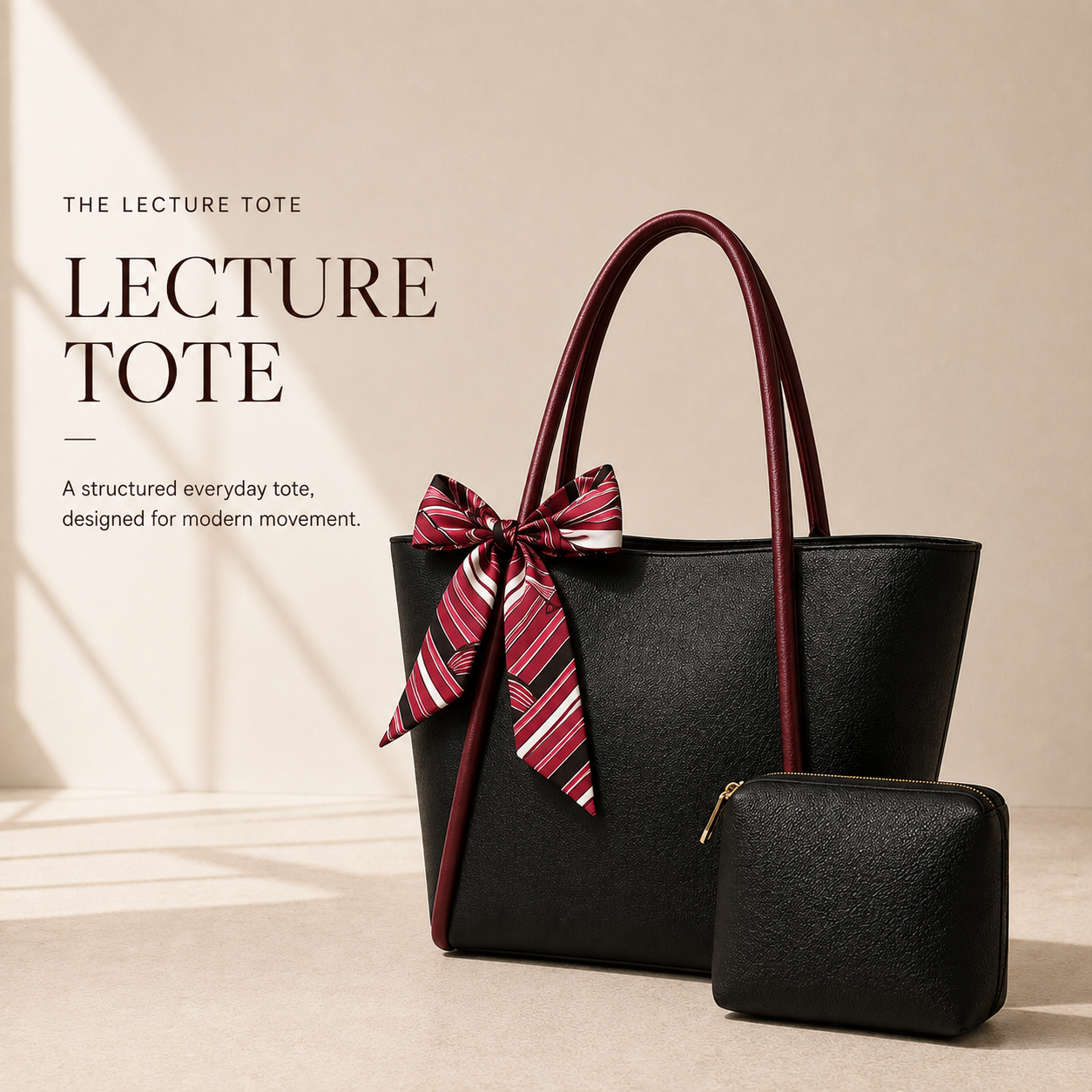 Classic structured handbag tote with geometric print scarf and matching zipper pouch