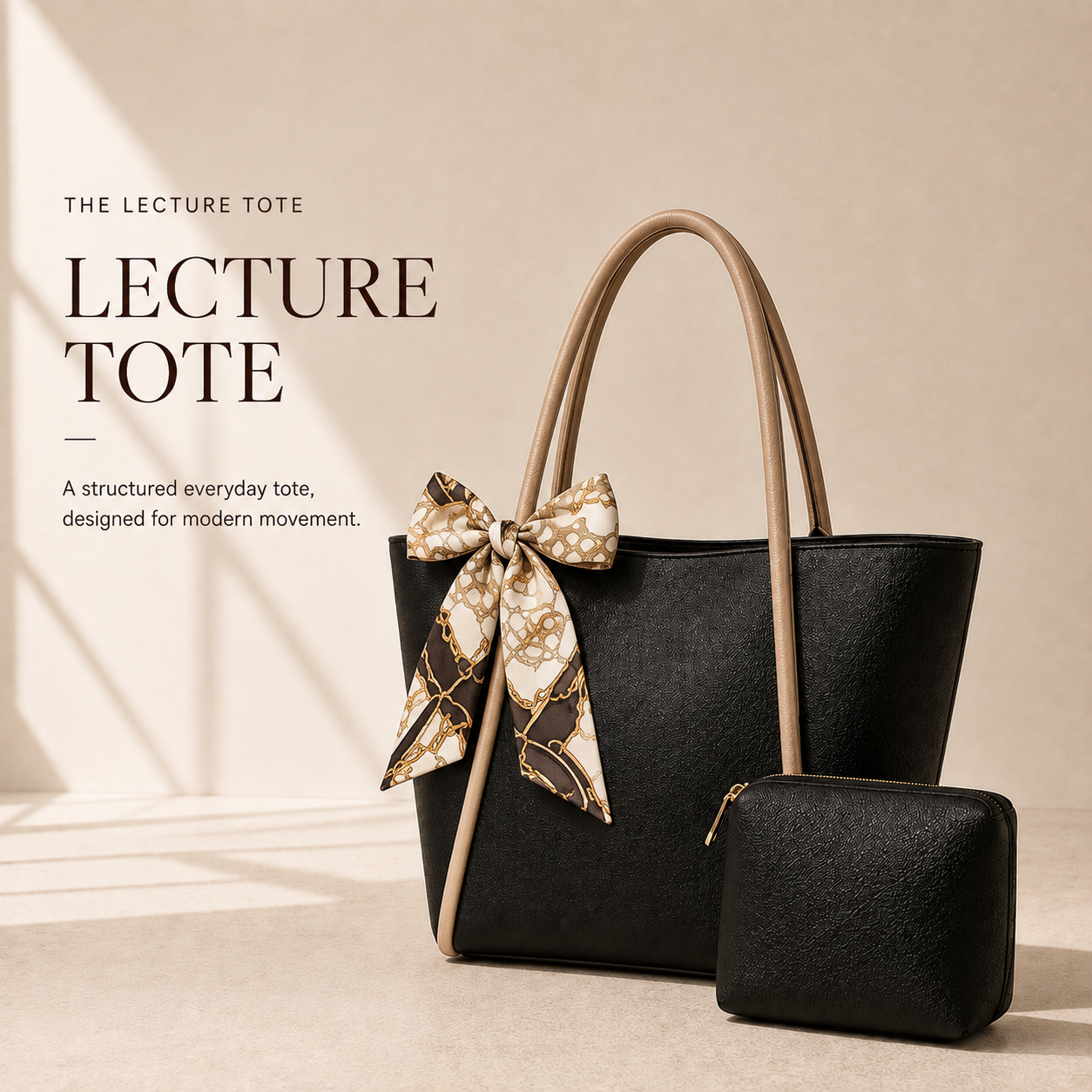 Black structured tote with beige handles and pouch