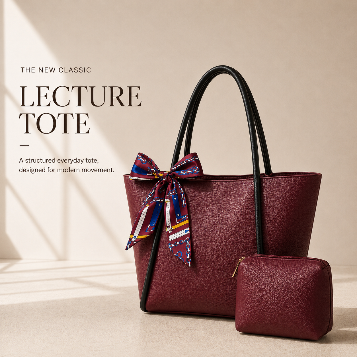 Textured laptop tote bag with decorative scarf bow and inner organization pouch