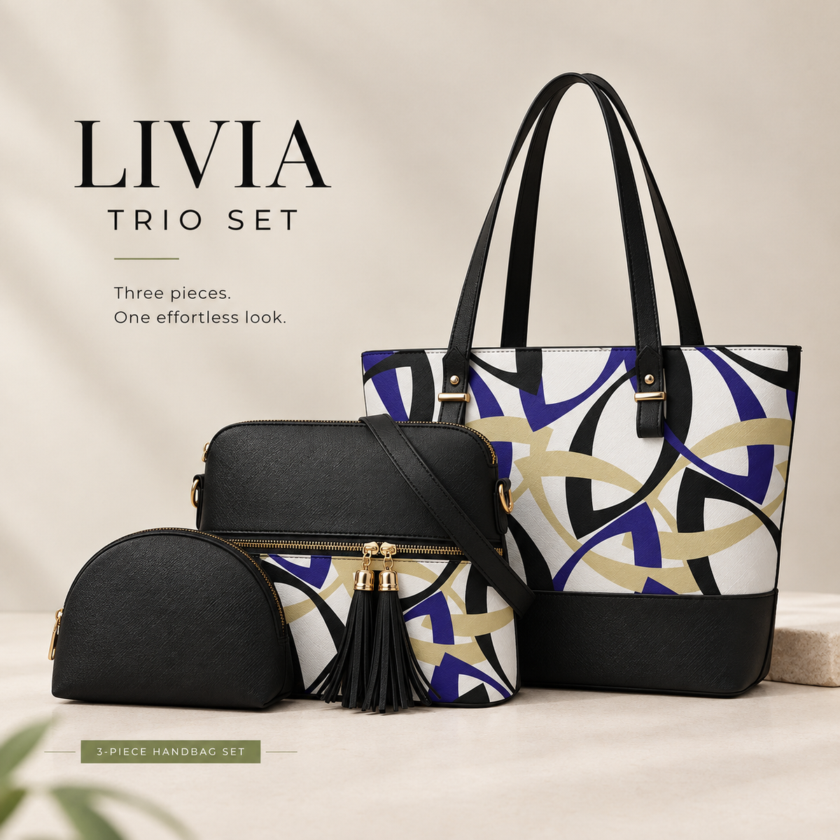 Geometric patterned tote bag for women with contrasting black base