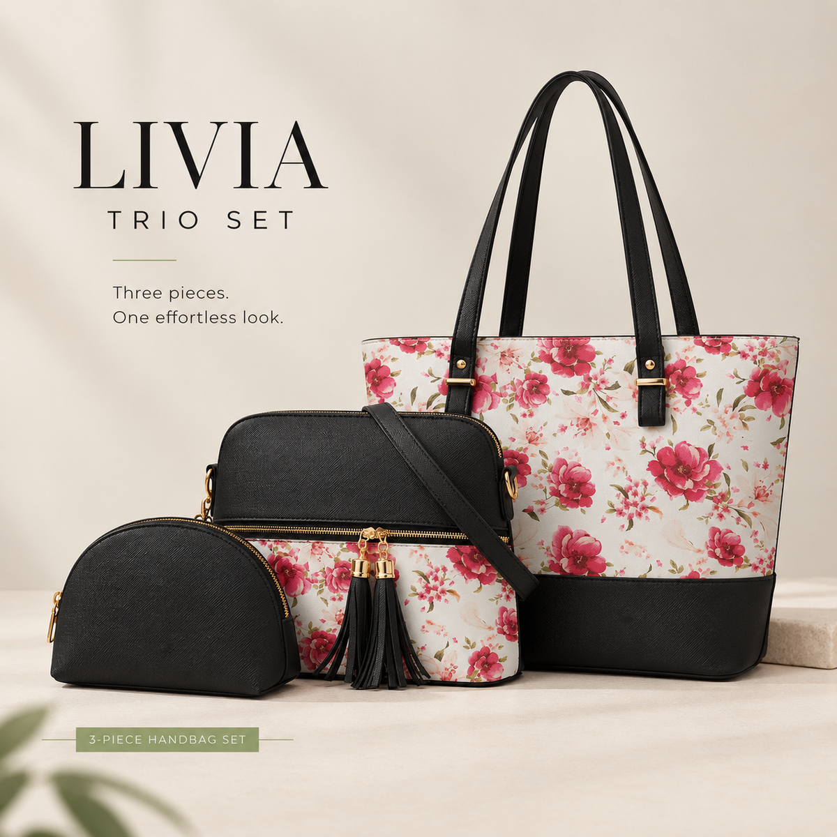 Women’s handbag set with coordinated tote shoulder bag and pouch