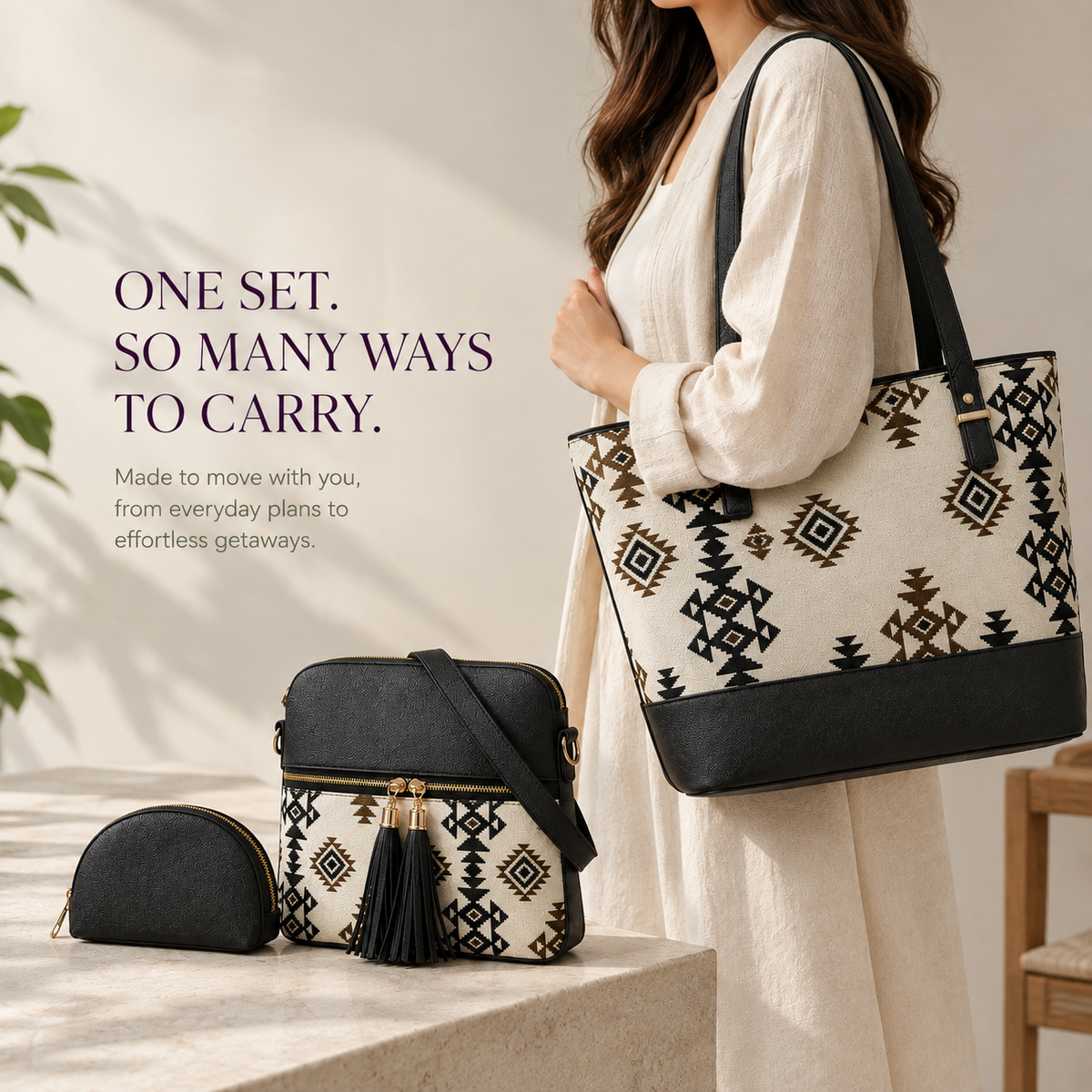Three piece handbag set for women in ivory geometric pattern