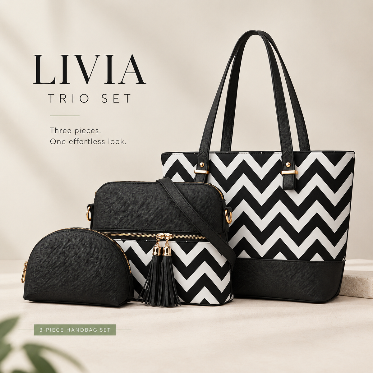 Three matching women’s handbags arranged together in coordinated design