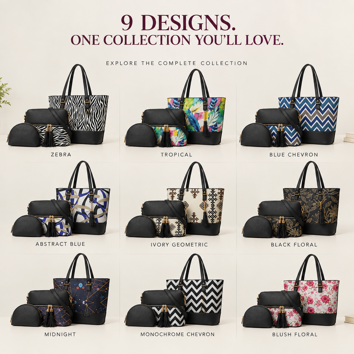 Women’s tote bag with black trim and geometric patterned design