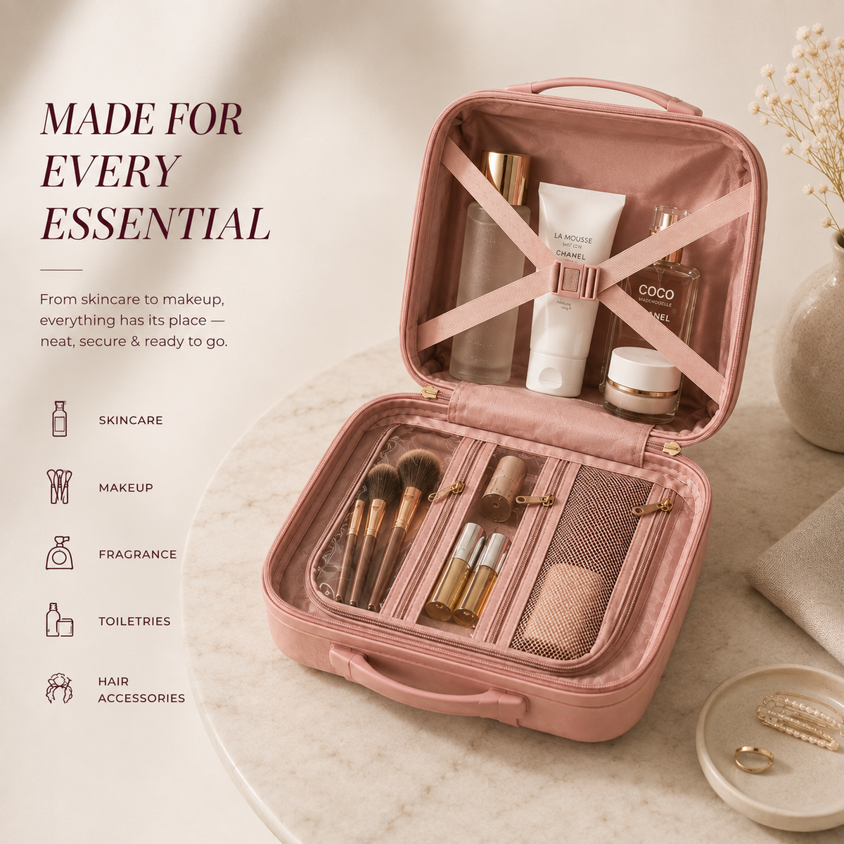 Travel makeup case with organized compartments