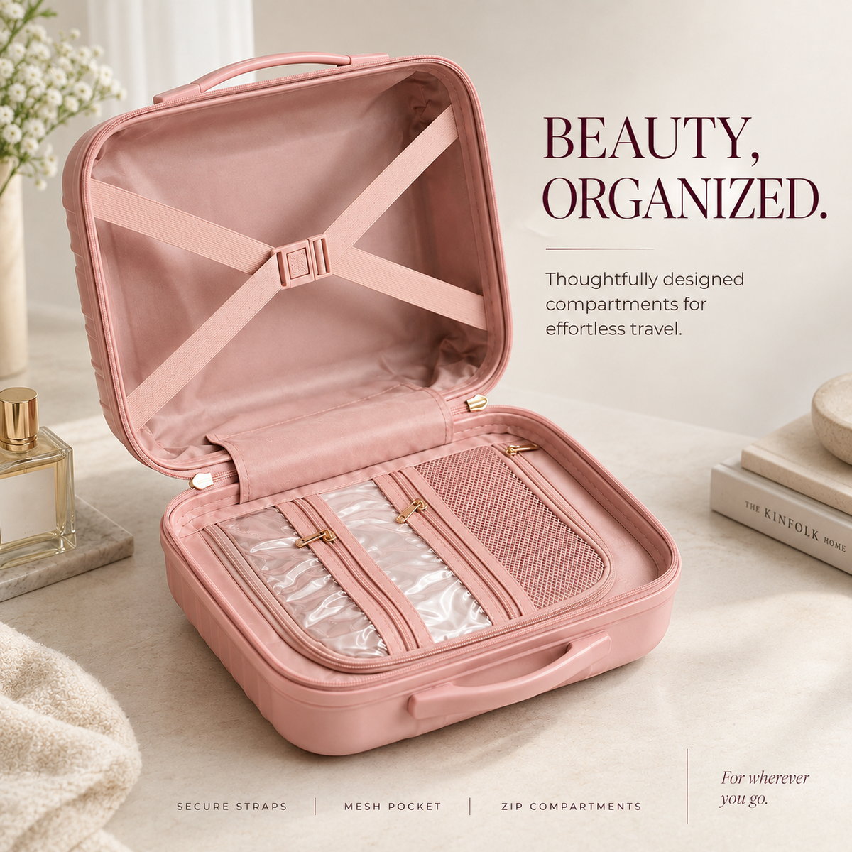 Pink makeup organizer case with compartments