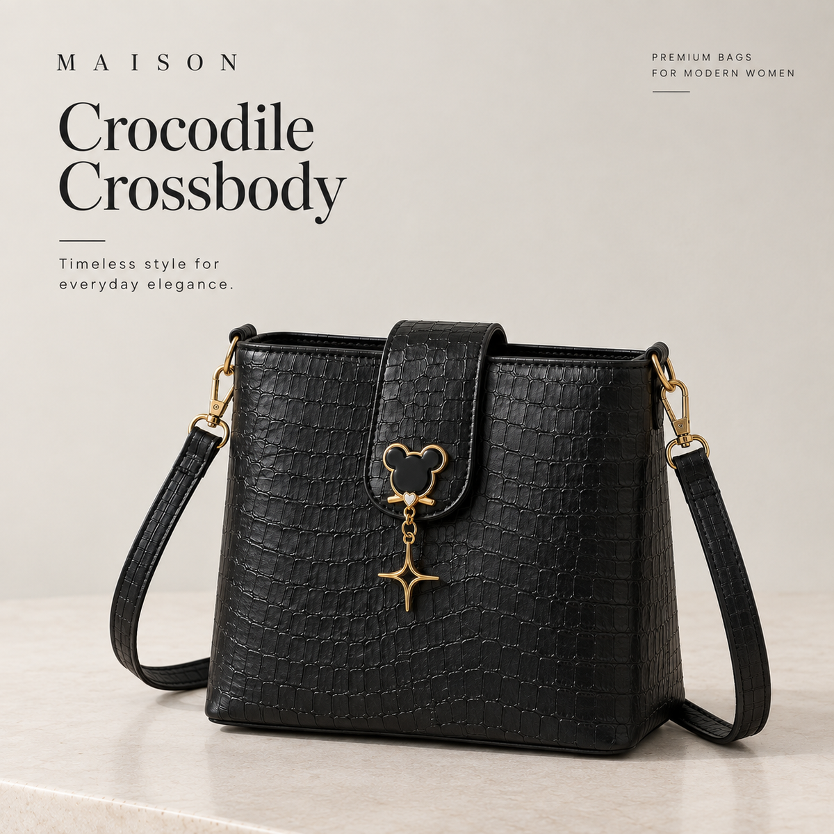 Black crocodile textured crossbody bag