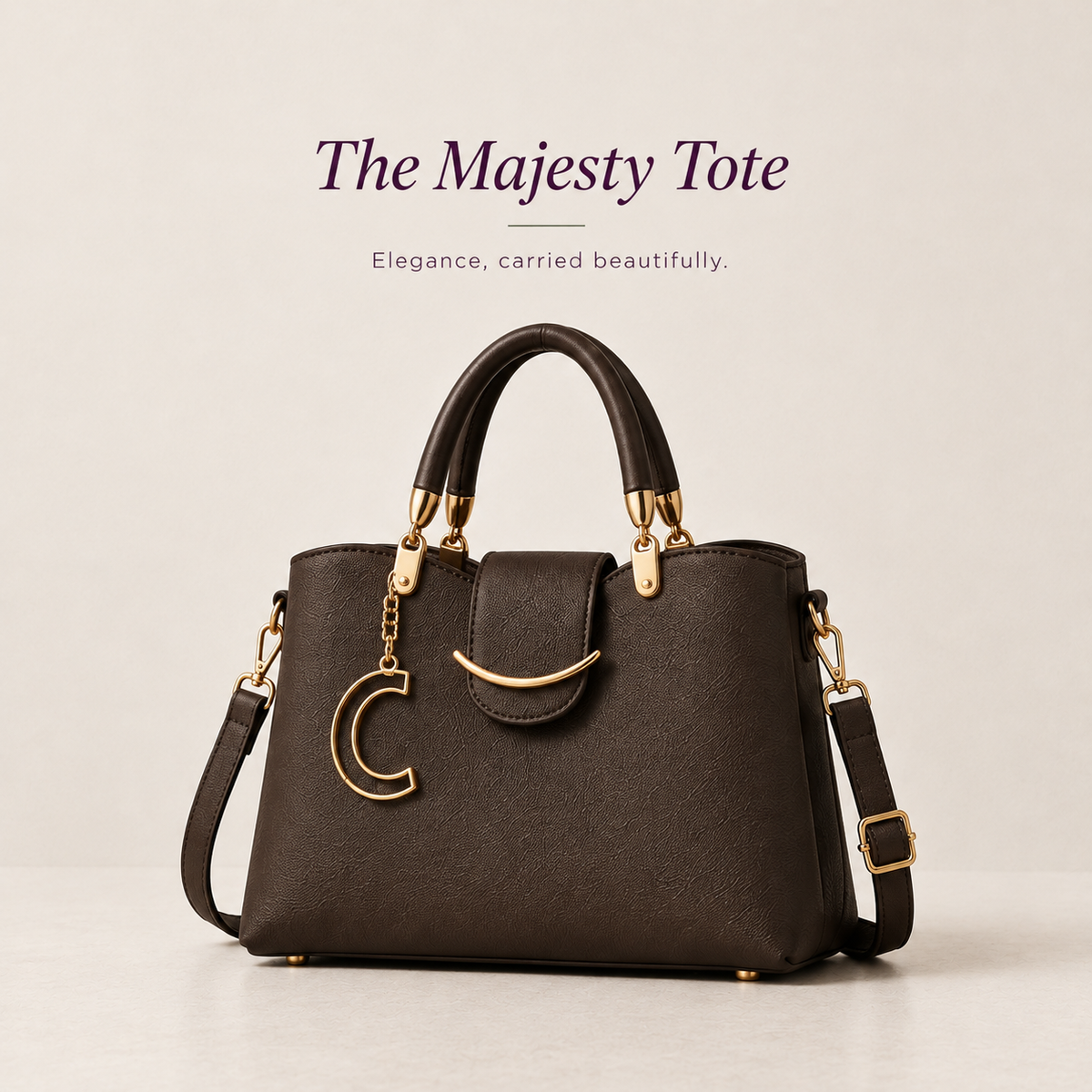 Coffee brown structured tote bag with gold-tone hardware