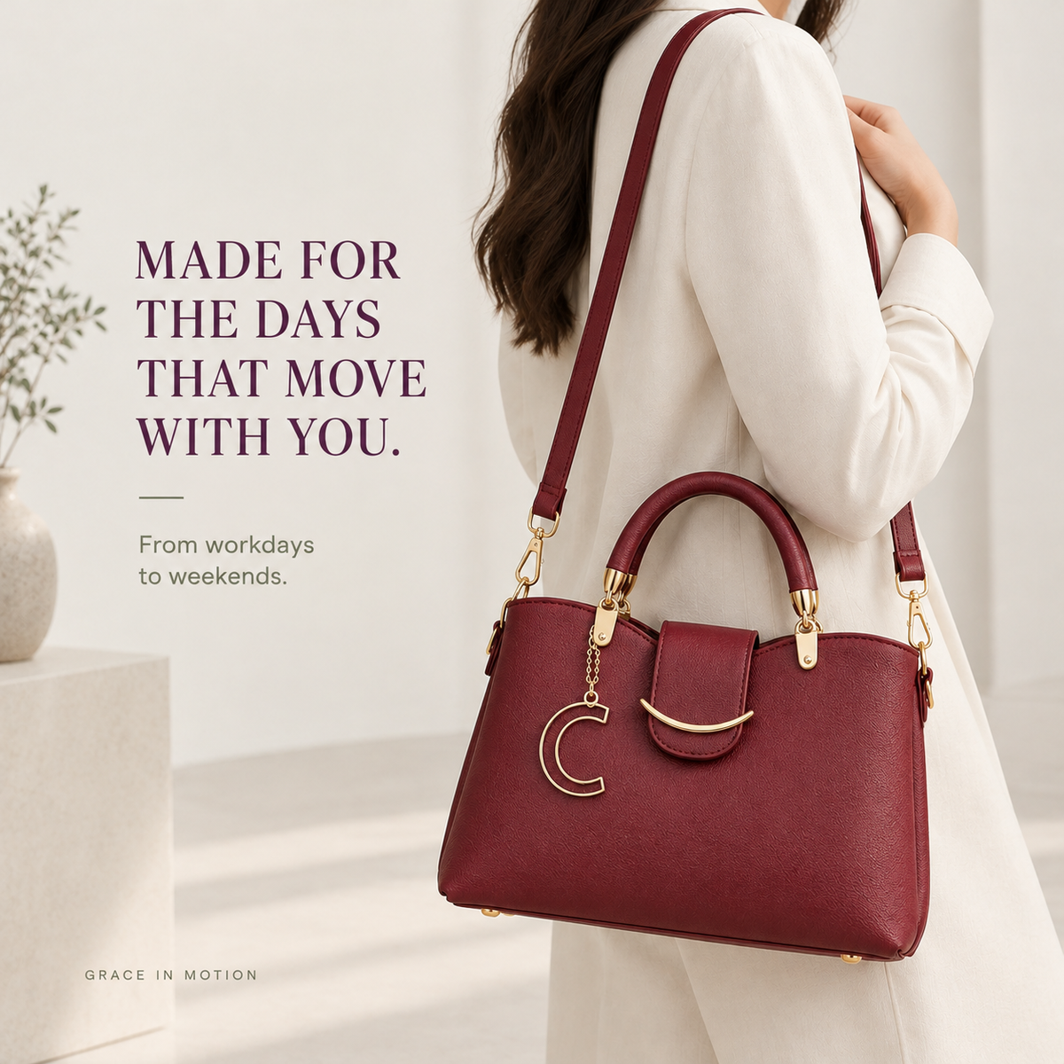 Red handbag with adjustable shoulder strap