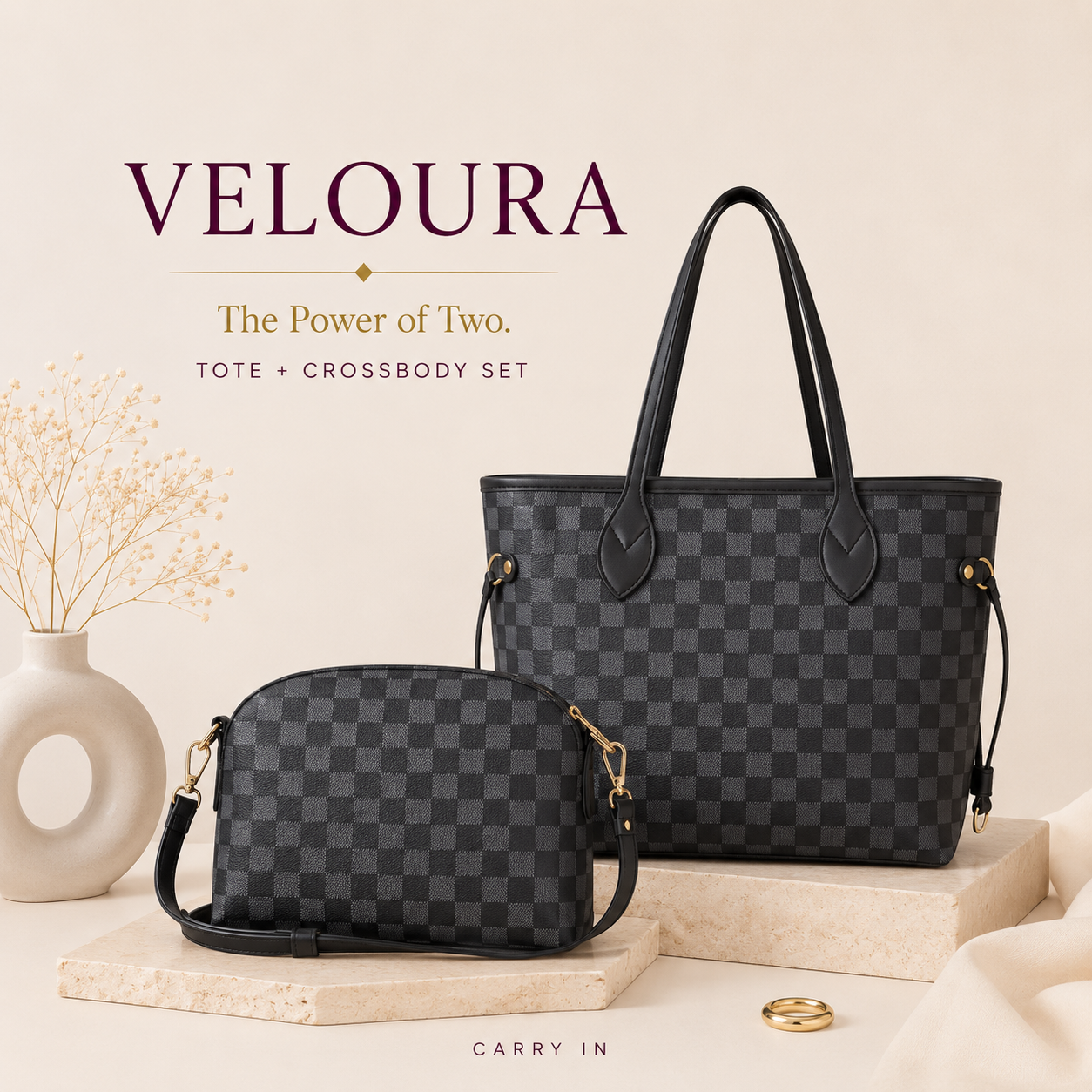 Brown Check Handbag Set